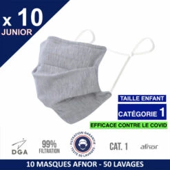 ALPHAMED X10 Masque ENFANT (3-15 Ans ) En Tissu Lavables Et Réutilisables UNS1 -Afnor DGA - CATEGORIE 1- Filtration 99% - 50 Lavages - GRIS - 25