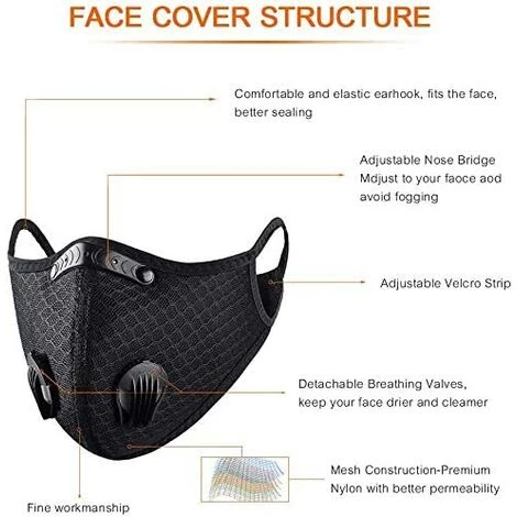 BETTERLIFE 5 Masques Anti-poussière De Sport, Filtres à Charbon Actif, Réutilisables, Respirants, Activités De Plein Air, Travail Du Bois, Tonte Et Course, Cyclisme Noir 6 BETTERLIFE 5 Masques Anti-poussière De Sport, Filtres à Charbon Actif, Réutilisables, Respirants, Activités De Plein Air, Travail Du Bois, Tonte Et Course, Cyclisme Noir – Image 4