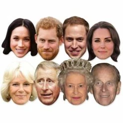 STAR CUTOUTS Masque En Carton Paquet De 8 Visages Famille Royale - Reine Elisabeth, Philip, Wiliam, Kate, Charles, Camila, Harry Barbu, Meghan - Multicolor