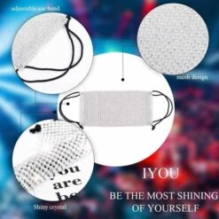 PERLE RARE 2 Pièces Masques En Maille De Cristal Scintillant Blanc Scintillant Strass Mascarade Masques Faciaux Couverture De Bouche Brillante Halloween Genie Bling Décoration Bijoux Pour Femmes Et Filles -Protection des voies respiratoires Soldes 45692203 3