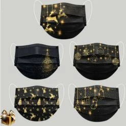 PERLE RARE 50 Pièces Adulte Masque Noël Tissu Non-tissé Protection Faciale Jetable Antipoussière Convient Pour Noël Et Les Voyages Quotidiens Mode Noir