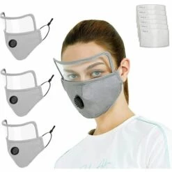 Visière De Protection Réutilisable En Gris,Betterlife Unisexe Anti Pollution Tissu Protection Bouche Visage Lavable Couche De Protection Jardinage Réutilisabl(4 Pièces*masques, 10 Pièces*filtres PM2.5)