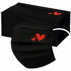 GDRHVFD 50 Pièces Adulte Masque Jetable Noir (3 Couches), Masque Imprimé Respirable Papillon Dessin Animé Chat Chien, Le Masque De Bon Confort Masque Halloween Écharpe Bandana (Coeur Rouge)
