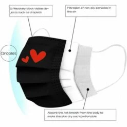 GDRHVFD 50 Pièces Adulte Masque Jetable Noir (3 Couches), Masque Imprimé Respirable Papillon Dessin Animé Chat Chien, Le Masque De Bon Confort Masque Halloween Écharpe Bandana (Coeur Rouge) -Protection des voies respiratoires Soldes 49096043 3