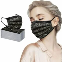 Masque Adulte Jetable 3 Couches Respirant Imprimé Protection Faciale, Doux Et Confortable Écharpe Bandana Couverture, Earloop Bouche Masque De Visage Pour Homme Femme (Dentelle Noire),Starlight,50Pcs