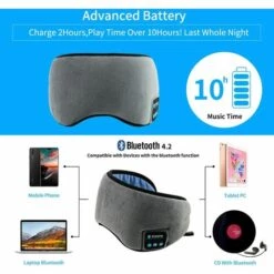 LITZEE Masque De Sommeil Bluetooth 4.2, écouteurs Bluetooth, Microphone Intégré, Réglable Et Lavable, Parfait Pour Voyager Et Dormir Gris -Protection des voies respiratoires Soldes 51547286 4
