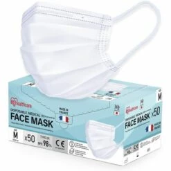 Iris Ohyama, Pack De 50 Masques Chirurgicaux 3 Plis BFE 98%, Easy Fit V-Design Type IIR, Élastique Anti-irritation, Résistant Aux éclaboussures, Fabriqué En France, Taille M - Protective Mask PN - Blanc