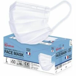 Iris Ohyama, Pack De 50 Masques Chirurgicaux 3 Plis BFE 98%, Easy Fit V-Design Type IIR, Élastique Anti-irritation, Résistant Aux éclaboussures, Fabriqué En France, Taille L - Protective Mask PN - Blanc