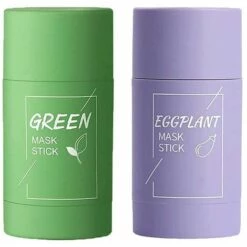 LANGRAY Masque Purifiant Au Thé Vert à L'argile Contrôle De L'huile Et Anti-acné Aubergine Solide Et Fine, Hydrate Et Contrôle L'huile, élimine L'acné, élimine Les Points Noirs Et Améliore La Texture De La Peau (2 Pièces Thé Vert + Aubergine)