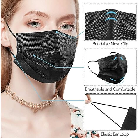 ILOVEMILAN Masques Faciaux Jetables Noirs, Paquet De 100 Masques Faciaux Noirs Protection De Filtre à 3 Plis 5 ILOVEMILAN Masques Faciaux Jetables Noirs, Paquet De 100 Masques Faciaux Noirs Protection De Filtre à 3 Plis – Image 3