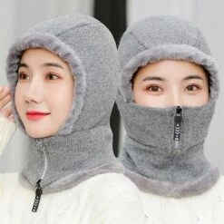 FUIENKO Chapeau D'hiver Tricoté Pour Femmes, Doublure En Fourrure, Chapeau Chaud Avec Fermeture éclair, Pour Le Ski, L'équitation,CHINA,GRAY -Protection des voies respiratoires Soldes 66415616 2