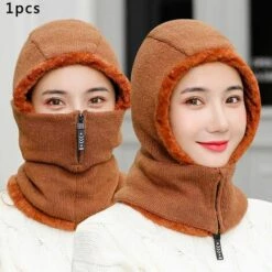 FUIENKO Chapeau D'hiver Tricoté Pour Femmes, Doublure En Fourrure, Chapeau Chaud Avec Fermeture éclair, Pour Le Ski, L'équitation,CHINA,GRAY -Protection des voies respiratoires Soldes 66415616 4